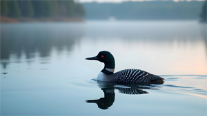 Common Loon on a Misty Lake at Dawn: Serene Wildlife Scene