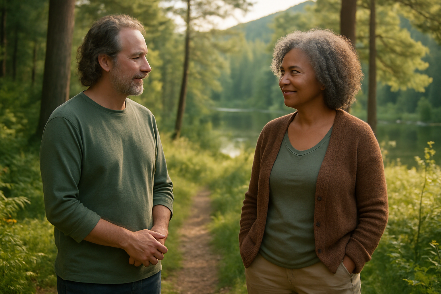 picture of man walking with woman in forest with river in background.